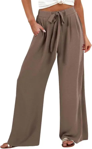 Flowy Linen Pants Women Wide Leg Tie Knot Palazzo Pants Loose Beach Pants High Waisted Trousers with Pockets