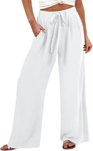 Flowy Linen Pants Women Wide Leg Tie Knot Palazzo Pants Loose Beach Pants High Waisted Trousers with Pockets