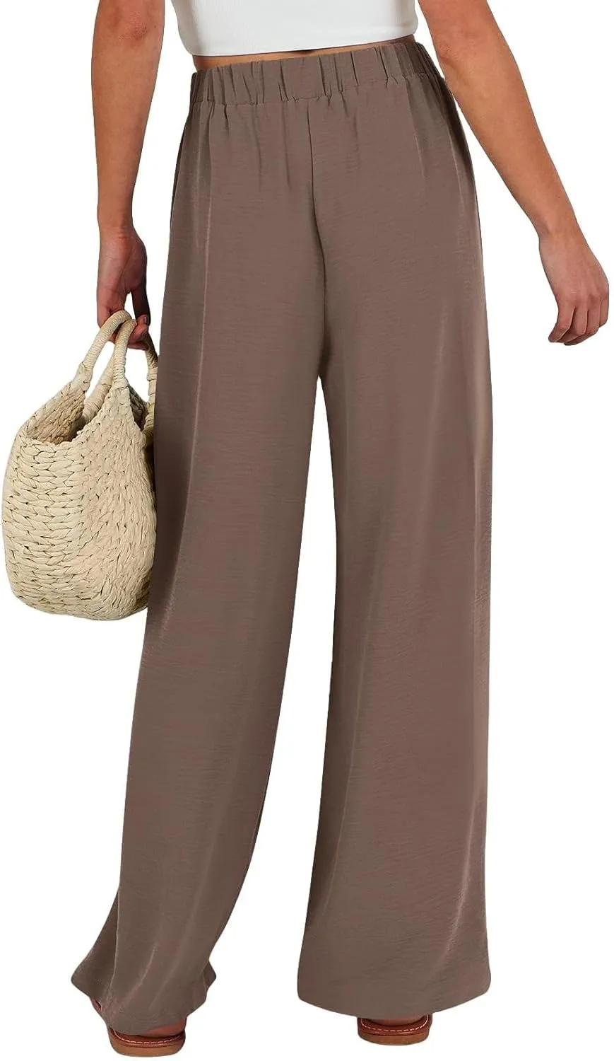 Flowy Linen Pants Women Wide Leg Tie Knot Palazzo Pants Loose Beach Pants High Waisted Trousers with Pockets