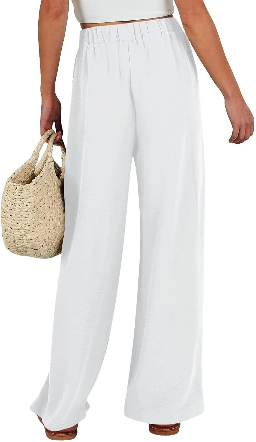 Flowy Linen Pants Women Wide Leg Tie Knot Palazzo Pants Loose Beach Pants High Waisted Trousers with Pockets