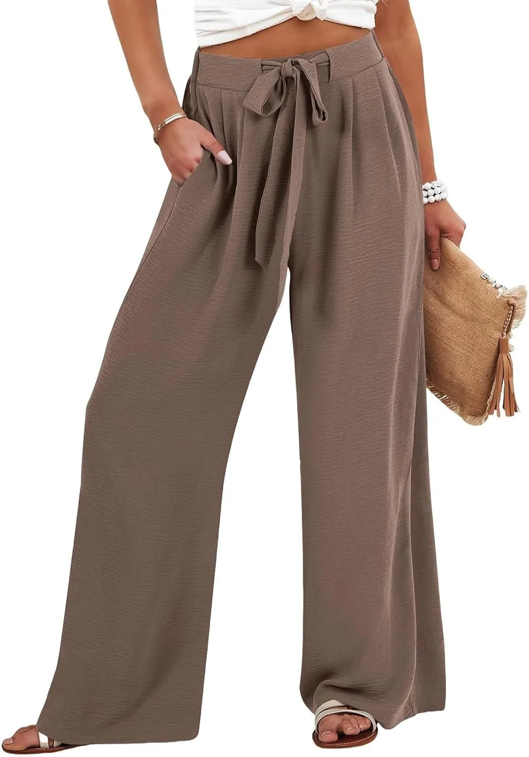 Flowy Linen Pants Women Wide Leg Tie Knot Palazzo Pants Loose Beach Pants High Waisted Trousers with Pockets