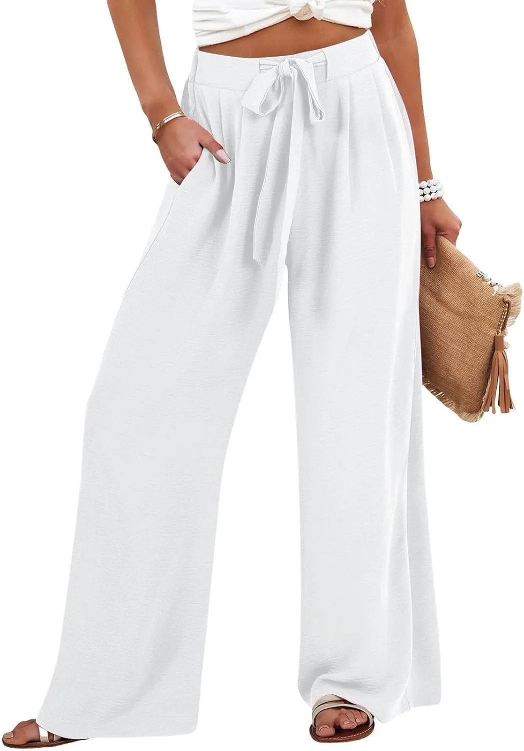 Flowy Linen Pants Women Wide Leg Tie Knot Palazzo Pants Loose Beach Pants High Waisted Trousers with Pockets