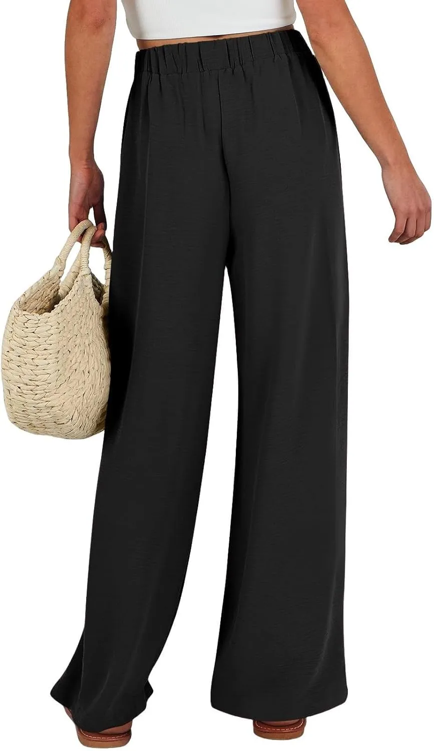 Flowy Linen Pants Women Wide Leg Tie Knot Palazzo Pants Loose Beach Pants High Waisted Trousers with Pockets