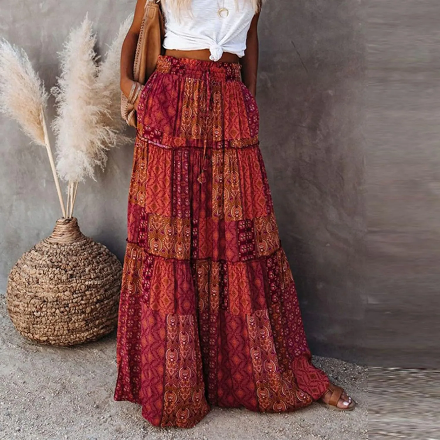Flowy Maxi Skirt for Women Trendy Boho Hawaiian Elastic High Waisted Skirts Tiered Floral Beach Vacation Long Skirt