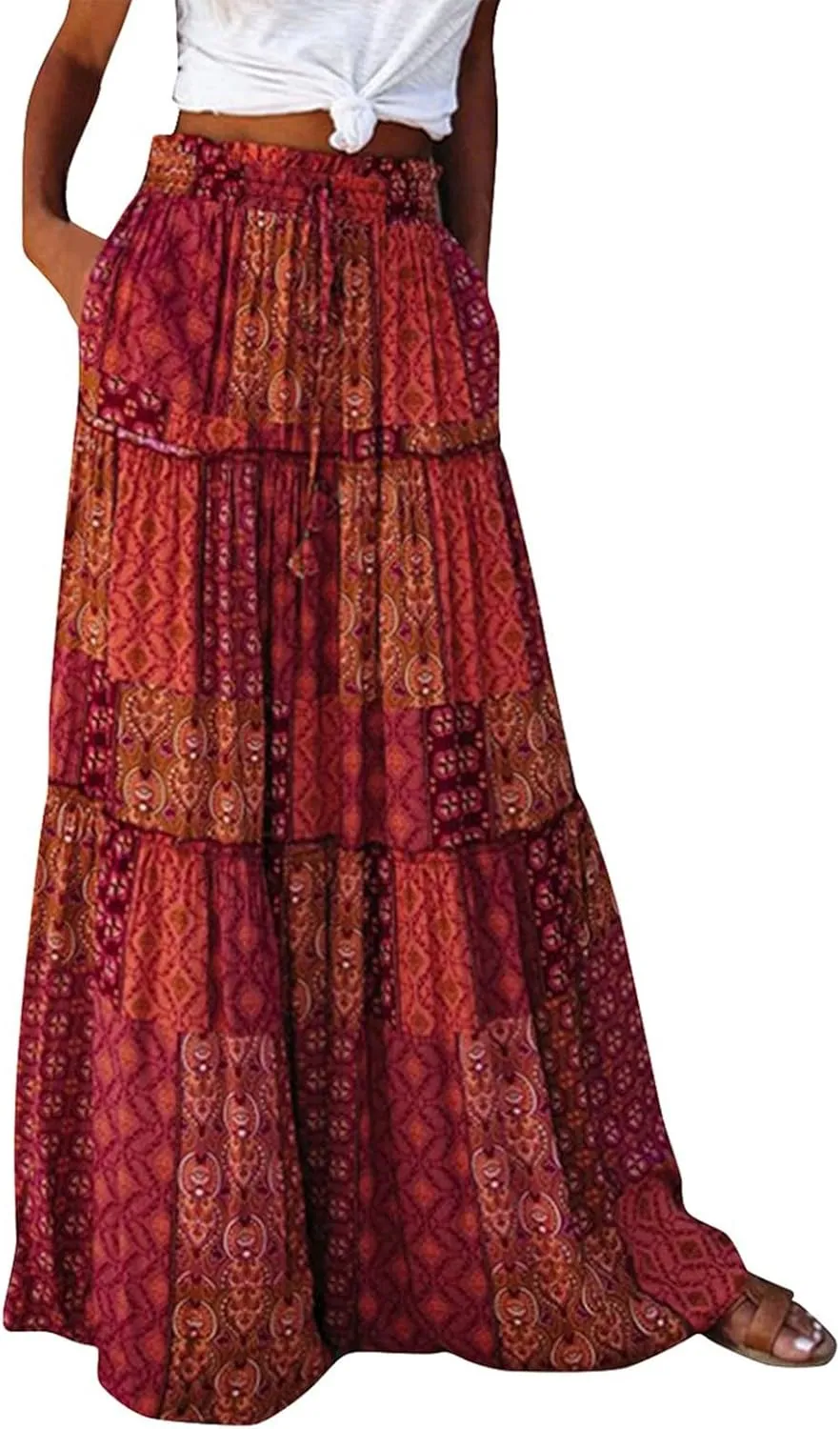 Flowy Maxi Skirt for Women Trendy Boho Hawaiian Elastic High Waisted Skirts Tiered Floral Beach Vacation Long Skirt