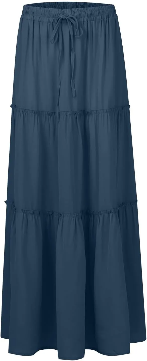 Flowy Maxi Skirt for Women Trendy Boho Hawaiian Elastic High Waisted Skirts Tiered Floral Beach Vacation Long Skirt