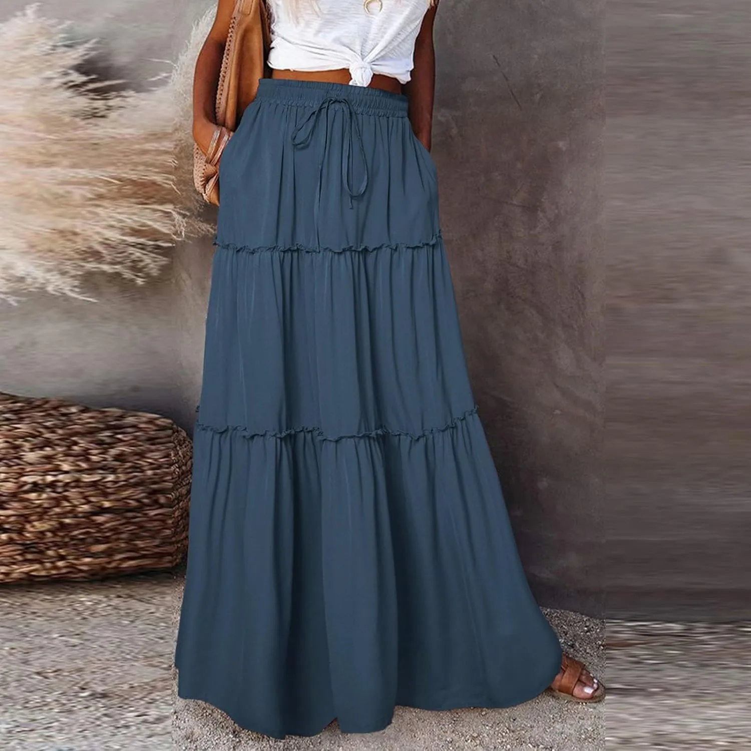Flowy Maxi Skirt for Women Trendy Boho Hawaiian Elastic High Waisted Skirts Tiered Floral Beach Vacation Long Skirt