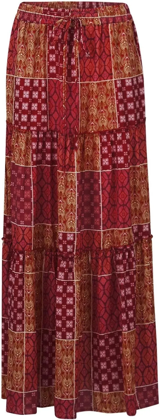 Flowy Maxi Skirt for Women Trendy Boho Hawaiian Elastic High Waisted Skirts Tiered Floral Beach Vacation Long Skirt