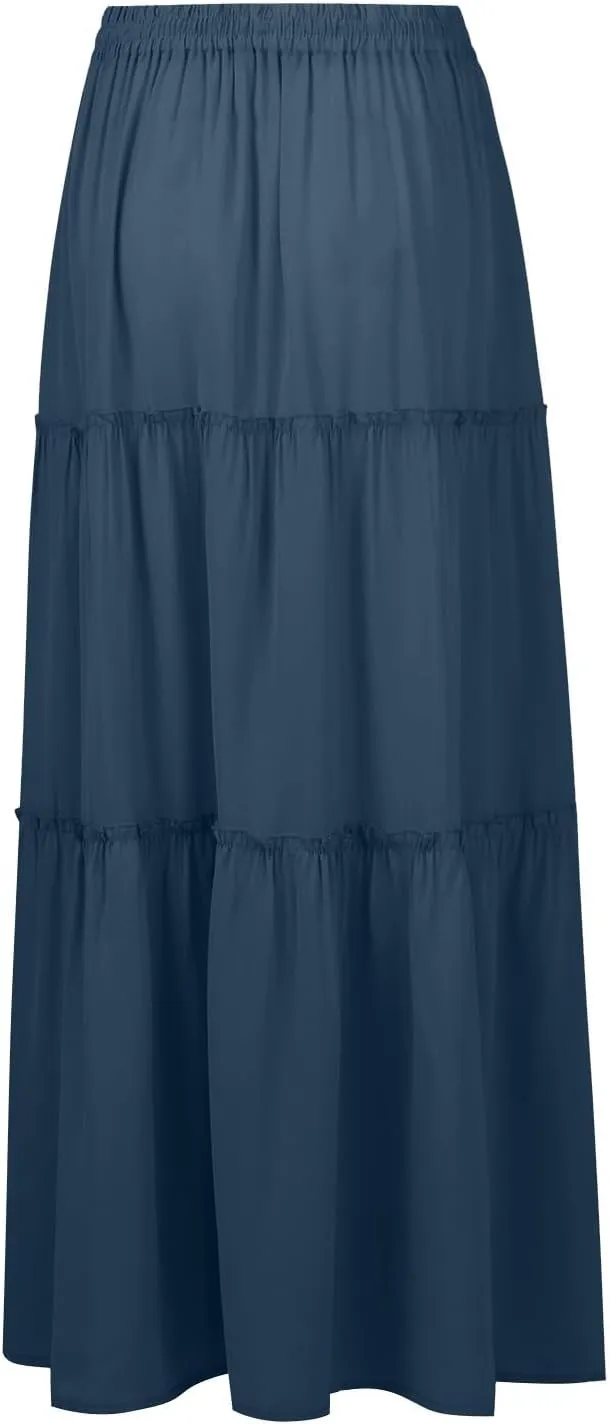 Flowy Maxi Skirt for Women Trendy Boho Hawaiian Elastic High Waisted Skirts Tiered Floral Beach Vacation Long Skirt