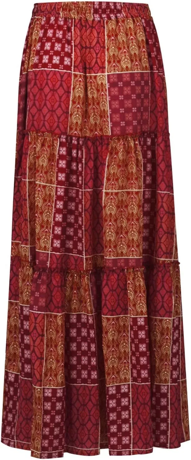 Flowy Maxi Skirt for Women Trendy Boho Hawaiian Elastic High Waisted Skirts Tiered Floral Beach Vacation Long Skirt