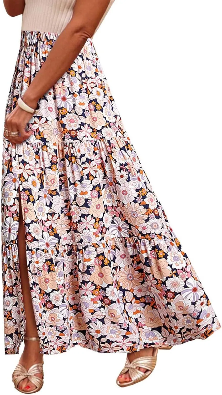 Flowy Maxi Skirts for Women A Line Boho Skirt with Split Tiered Midi Skirt High Waisted Long Skirt Floral Skirts
