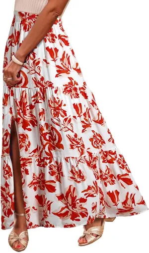 Flowy Maxi Skirts for Women A Line Boho Skirt with Split Tiered Midi Skirt High Waisted Long Skirt Floral Skirts