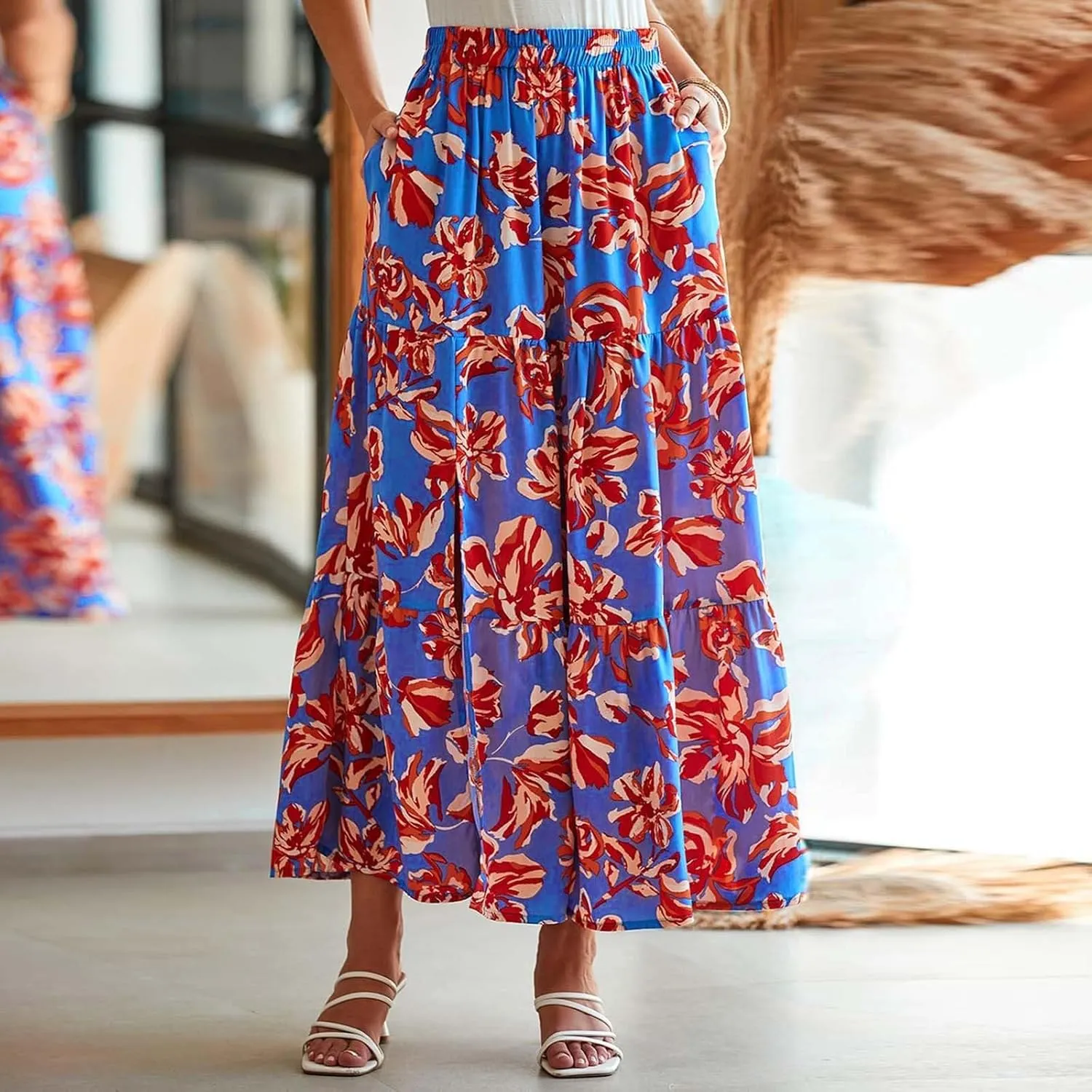 Flowy Maxi Skirts for Women A Line Boho Skirt with Split Tiered Midi Skirt High Waisted Long Skirt Floral Skirts