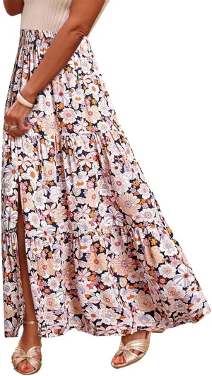Flowy Maxi Skirts for Women A Line Boho Skirt with Split Tiered Midi Skirt High Waisted Long Skirt Floral Skirts