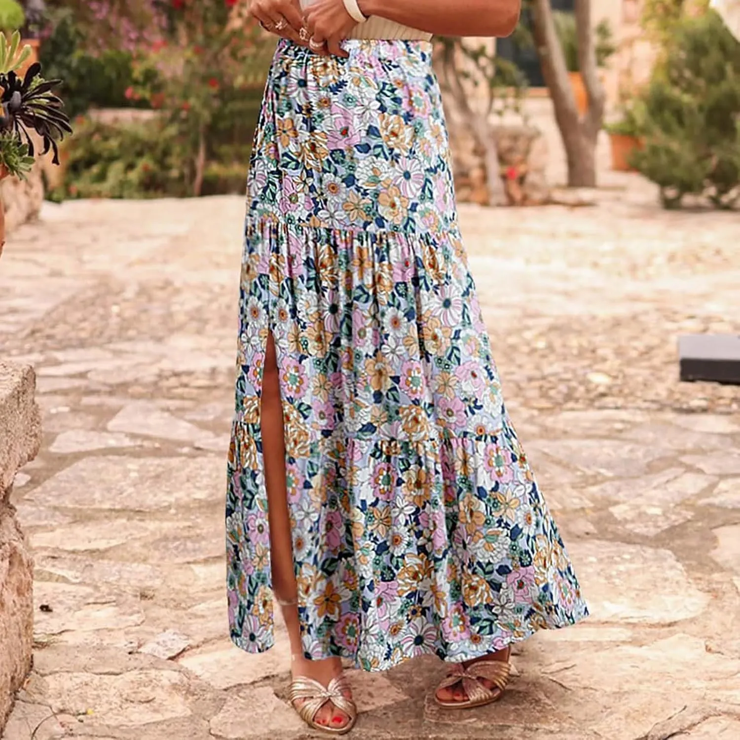 Flowy Maxi Skirts for Women A Line Boho Skirt with Split Tiered Midi Skirt High Waisted Long Skirt Floral Skirts
