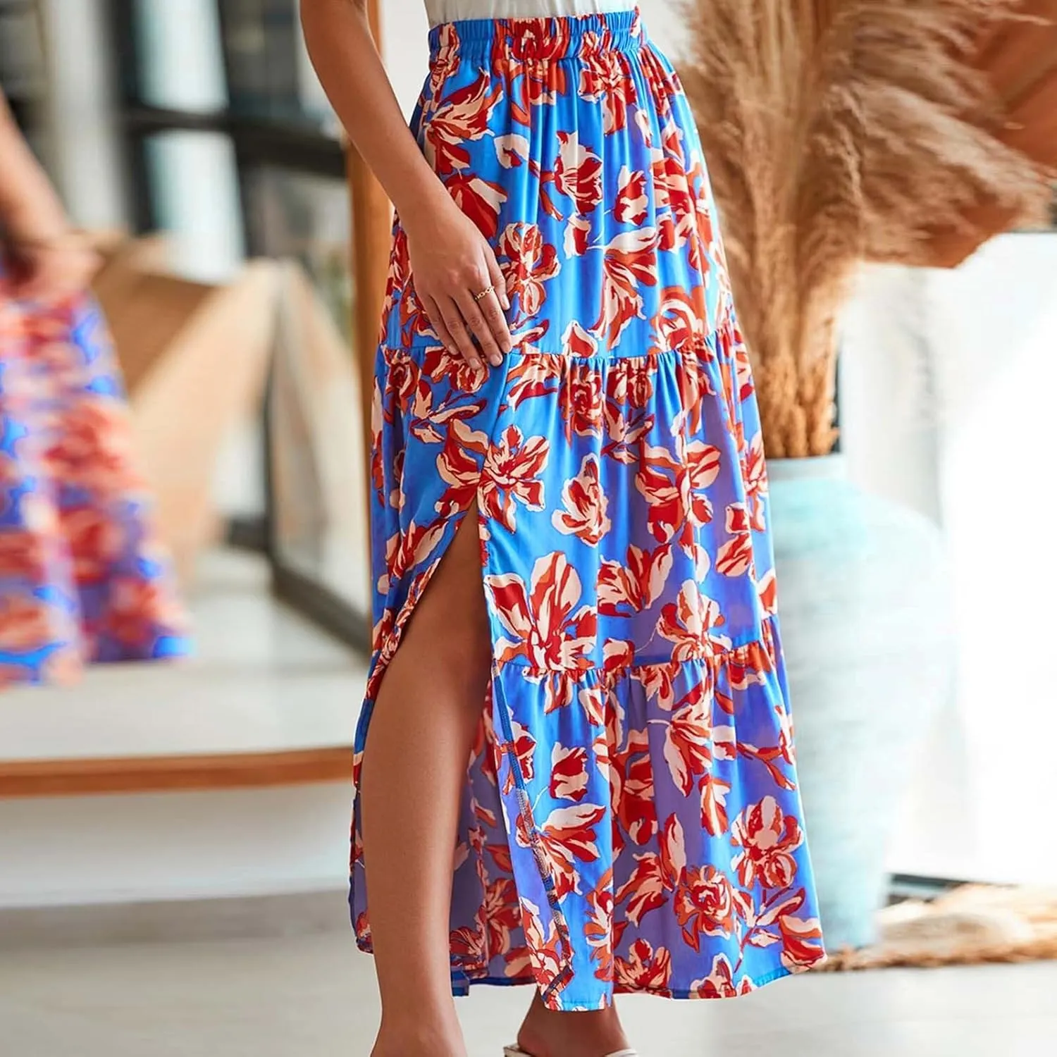 Flowy Maxi Skirts for Women A Line Boho Skirt with Split Tiered Midi Skirt High Waisted Long Skirt Floral Skirts