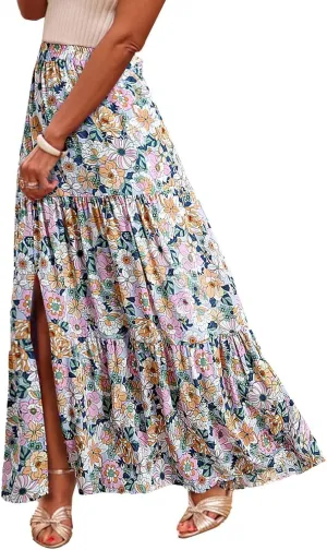 Flowy Maxi Skirts for Women A Line Boho Skirt with Split Tiered Midi Skirt High Waisted Long Skirt Floral Skirts