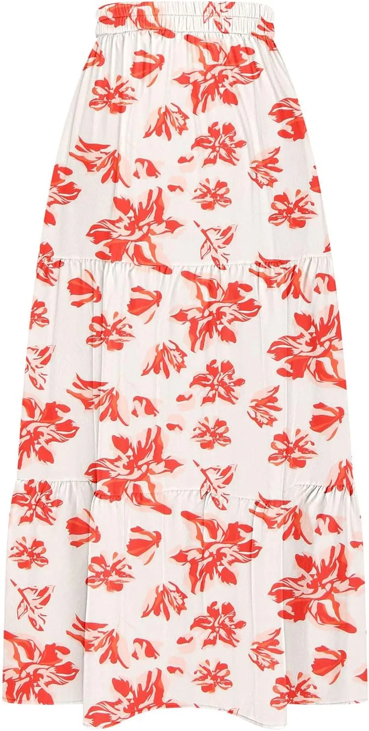 Flowy Maxi Skirts for Women A Line Boho Skirt with Split Tiered Midi Skirt High Waisted Long Skirt Floral Skirts