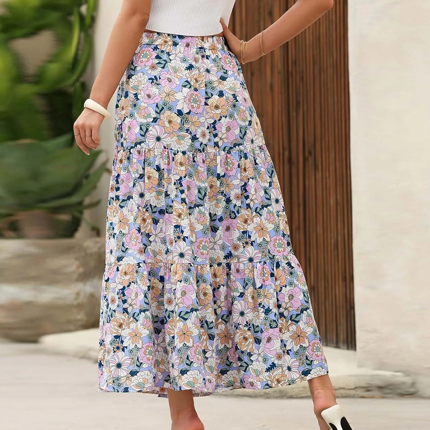 Flowy Maxi Skirts for Women A Line Boho Skirt with Split Tiered Midi Skirt High Waisted Long Skirt Floral Skirts