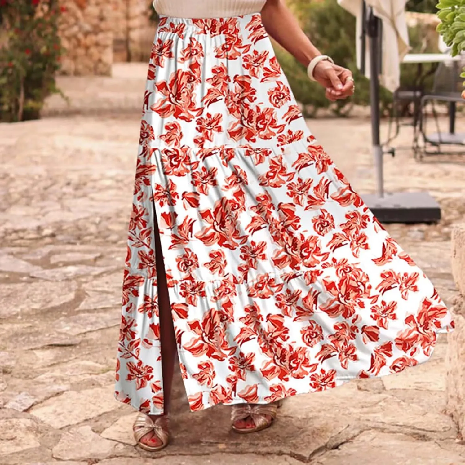 Flowy Maxi Skirts for Women A Line Boho Skirt with Split Tiered Midi Skirt High Waisted Long Skirt Floral Skirts