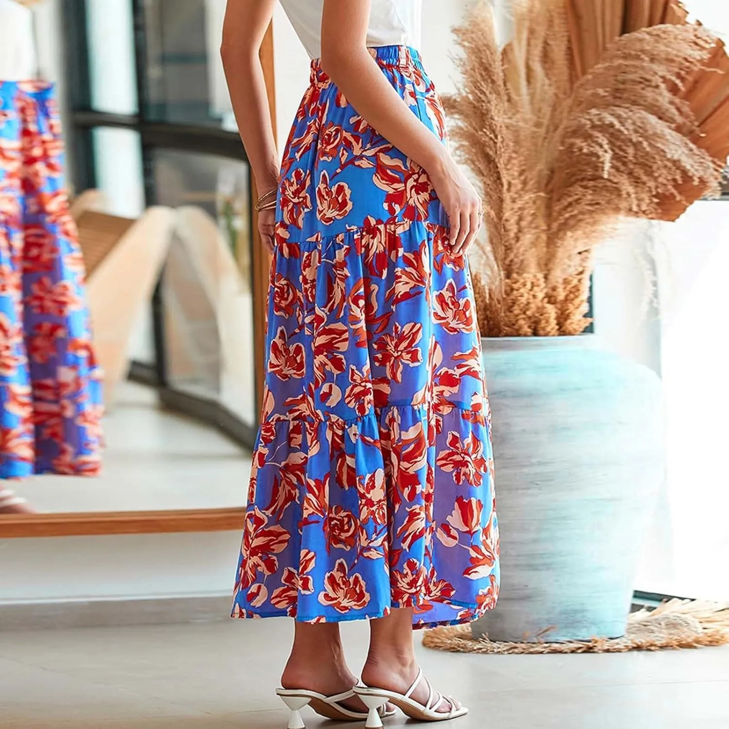 Flowy Maxi Skirts for Women A Line Boho Skirt with Split Tiered Midi Skirt High Waisted Long Skirt Floral Skirts