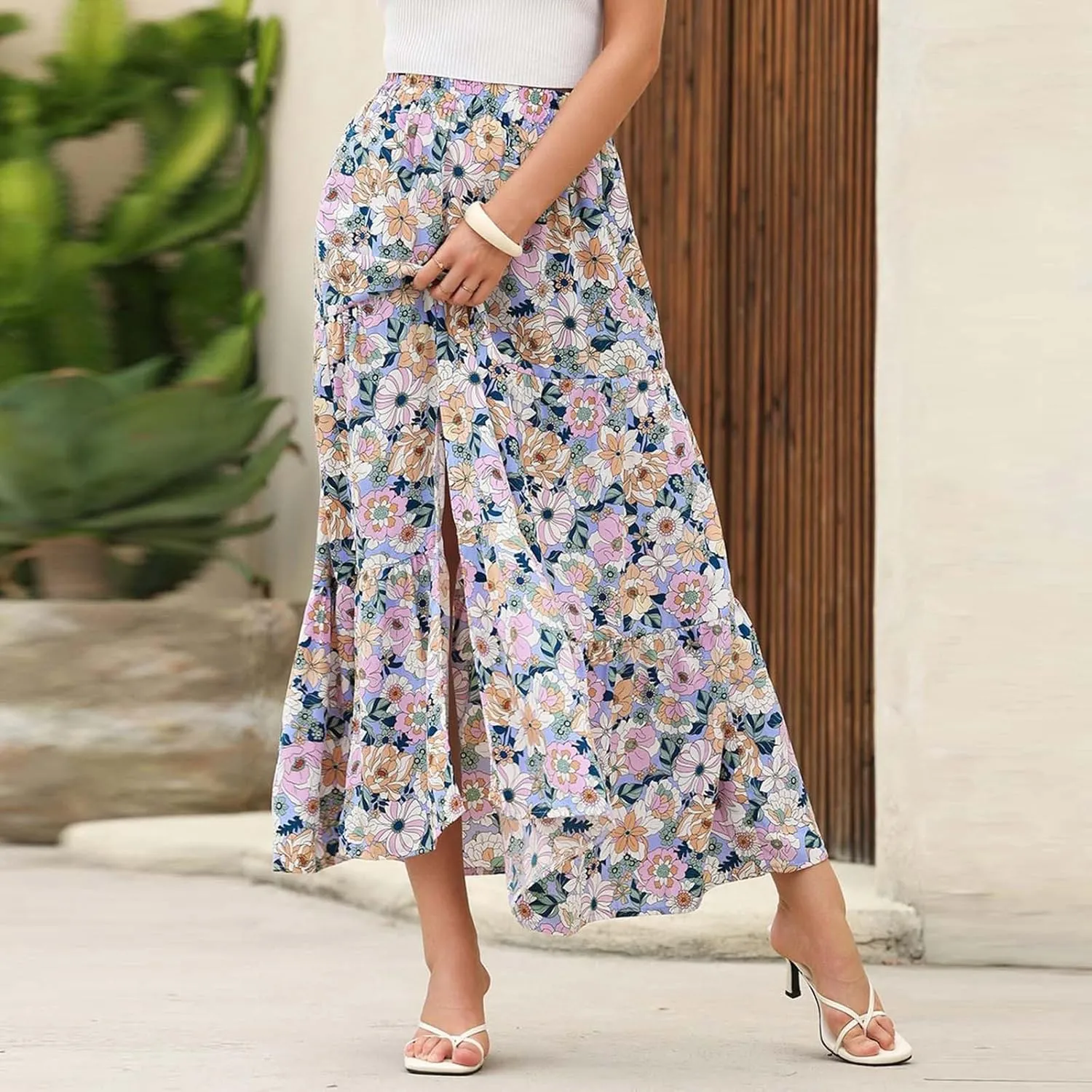 Flowy Maxi Skirts for Women A Line Boho Skirt with Split Tiered Midi Skirt High Waisted Long Skirt Floral Skirts