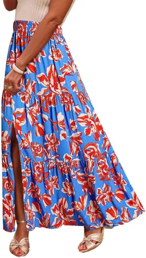 Flowy Maxi Skirts for Women A Line Boho Skirt with Split Tiered Midi Skirt High Waisted Long Skirt Floral Skirts