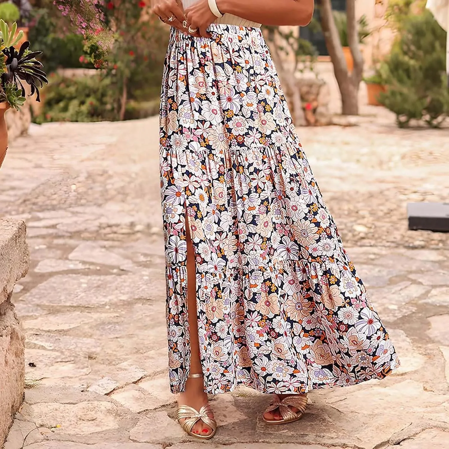 Flowy Maxi Skirts for Women A Line Boho Skirt with Split Tiered Midi Skirt High Waisted Long Skirt Floral Skirts