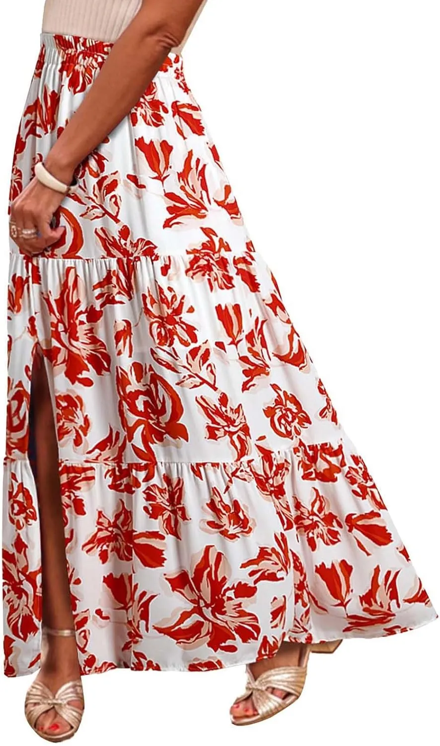 Flowy Maxi Skirts for Women A Line Boho Skirt with Split Tiered Midi Skirt High Waisted Long Skirt Floral Skirts