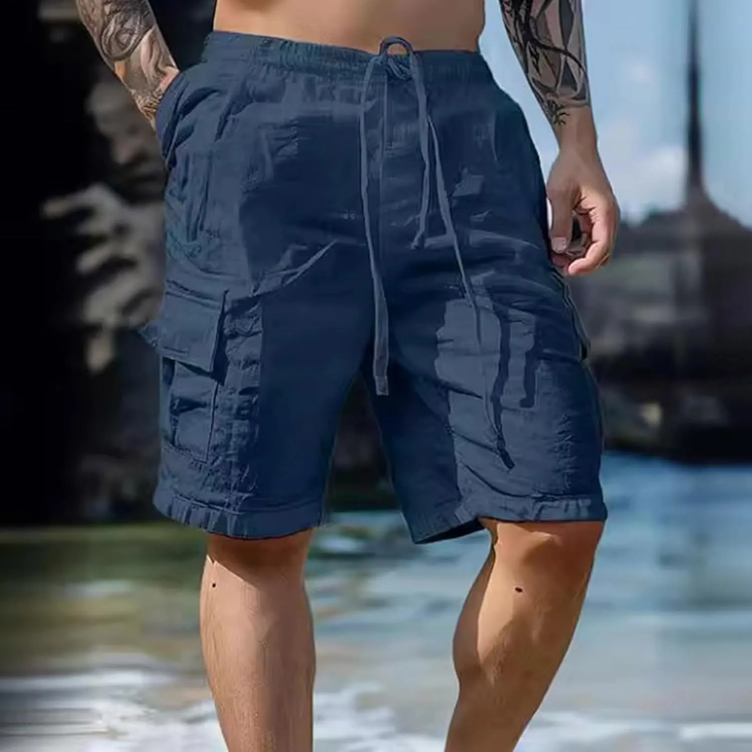 Fxbar Men's Cargo Shorts Cotton Linen Stretch Waist with Drawstring Multi Pockets Casual Athletic Summer Beach Gym Shorts