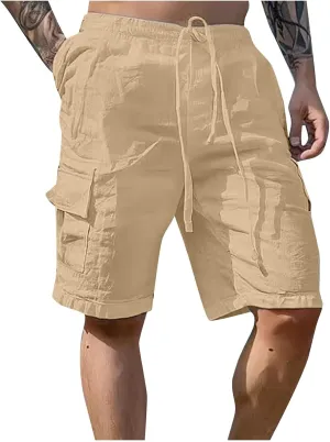 Fxbar Men's Cargo Shorts Cotton Linen Stretch Waist with Drawstring Multi Pockets Casual Athletic Summer Beach Gym Shorts
