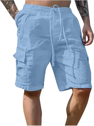 Fxbar Men's Cargo Shorts Cotton Linen Stretch Waist with Drawstring Multi Pockets Casual Athletic Summer Beach Gym Shorts
