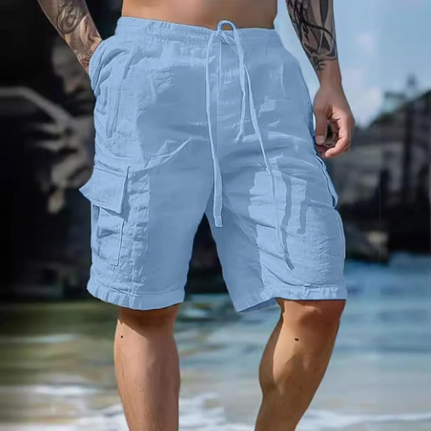 Fxbar Men's Cargo Shorts Cotton Linen Stretch Waist with Drawstring Multi Pockets Casual Athletic Summer Beach Gym Shorts