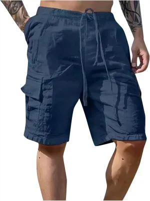Fxbar Men's Cargo Shorts Cotton Linen Stretch Waist with Drawstring Multi Pockets Casual Athletic Summer Beach Gym Shorts