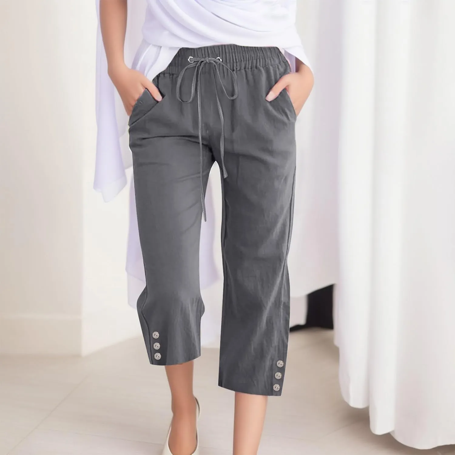 FZVYD Capri Pants for Women Casual 2024 Summer Drawstring Elastic High Waist Linen Pant Straight Wide Leg Cropped Trouser