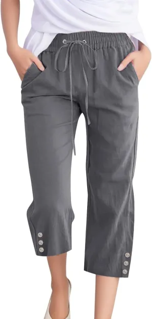 FZVYD Capri Pants for Women Casual 2024 Summer Drawstring Elastic High Waist Linen Pant Straight Wide Leg Cropped Trouser