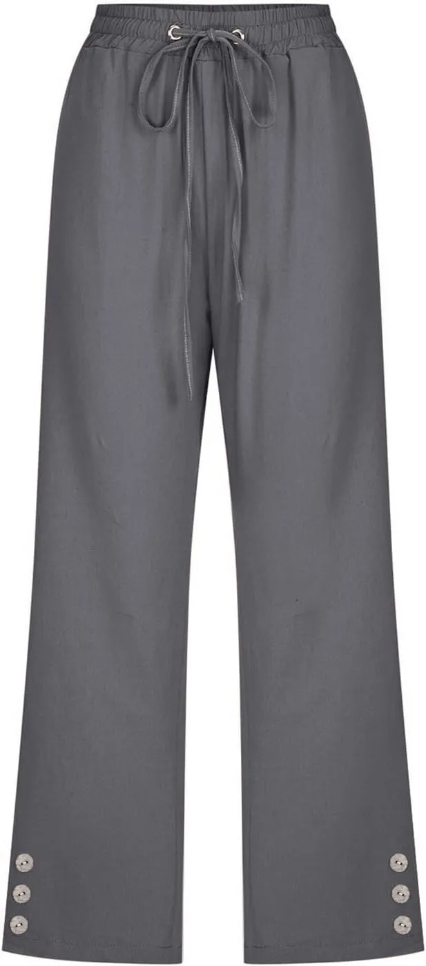 FZVYD Capri Pants for Women Casual 2024 Summer Drawstring Elastic High Waist Linen Pant Straight Wide Leg Cropped Trouser