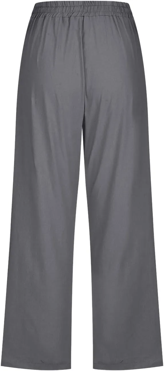 FZVYD Capri Pants for Women Casual 2024 Summer Drawstring Elastic High Waist Linen Pant Straight Wide Leg Cropped Trouser