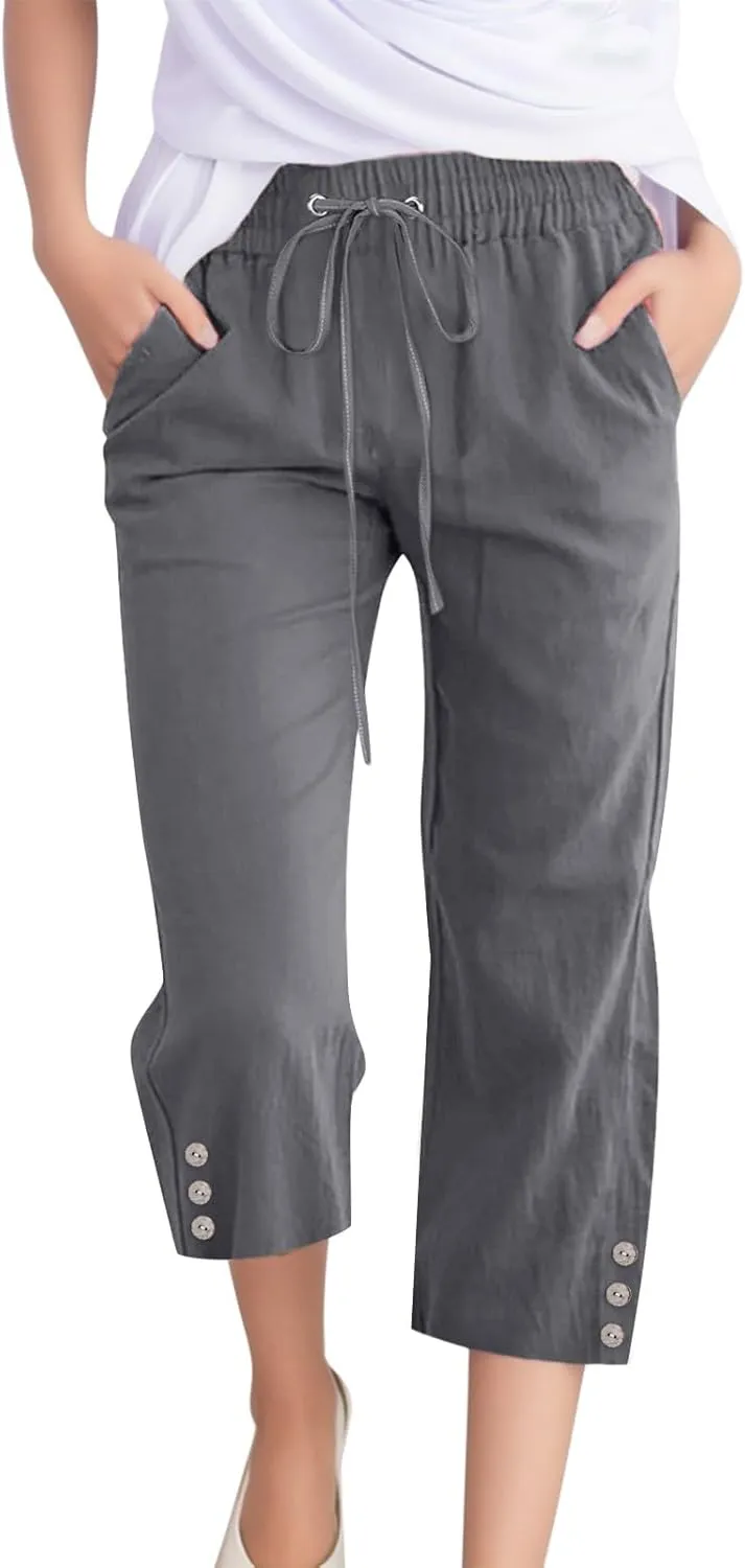 FZVYD Capri Pants for Women Casual 2024 Summer Drawstring Elastic High Waist Linen Pant Straight Wide Leg Cropped Trouser