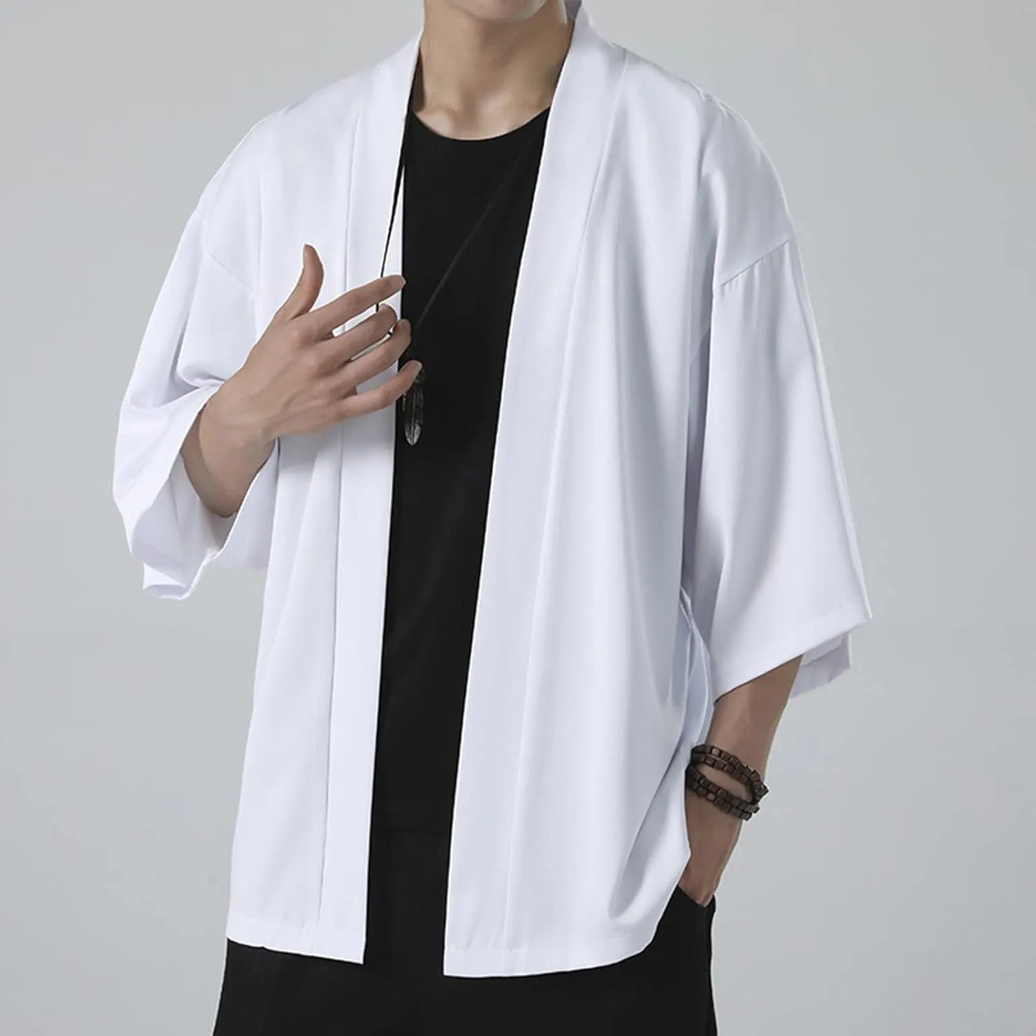 GOKKILRW Mens Lightweight Japanese Style Kimono Jackets 3/4 Sleeve Open Front Drape Cape Cardigan Yukata Coat