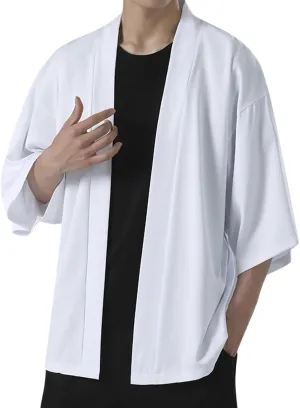 GOKKILRW Mens Lightweight Japanese Style Kimono Jackets 3/4 Sleeve Open Front Drape Cape Cardigan Yukata Coat