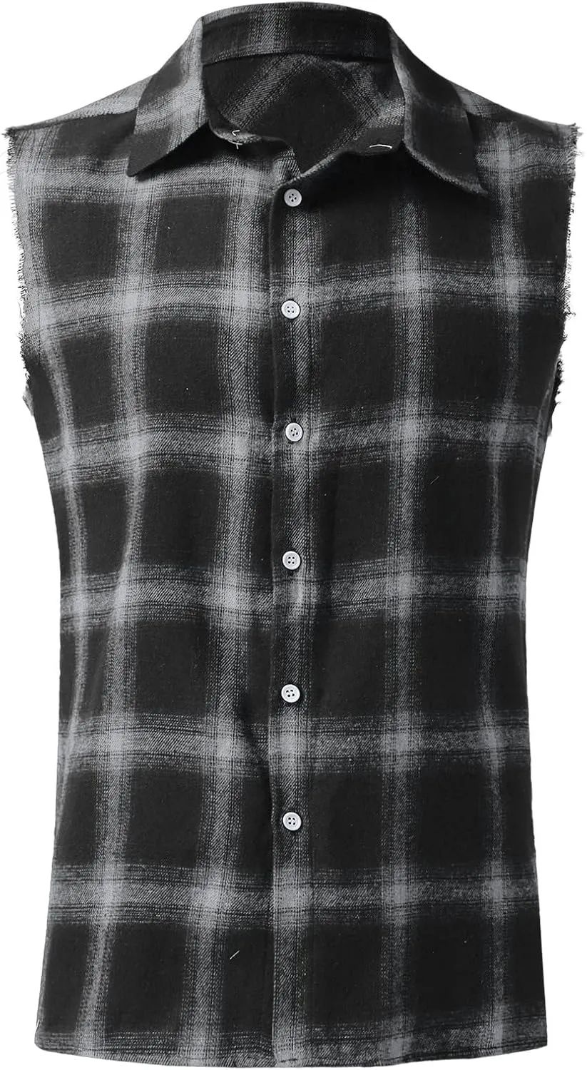 GOKKILRW Mens Sleeveless Flannel Plaid Shirts Casual Button Down Muscle Cut Off Shirts Vintage Western Cowboy Vest Tank Tops