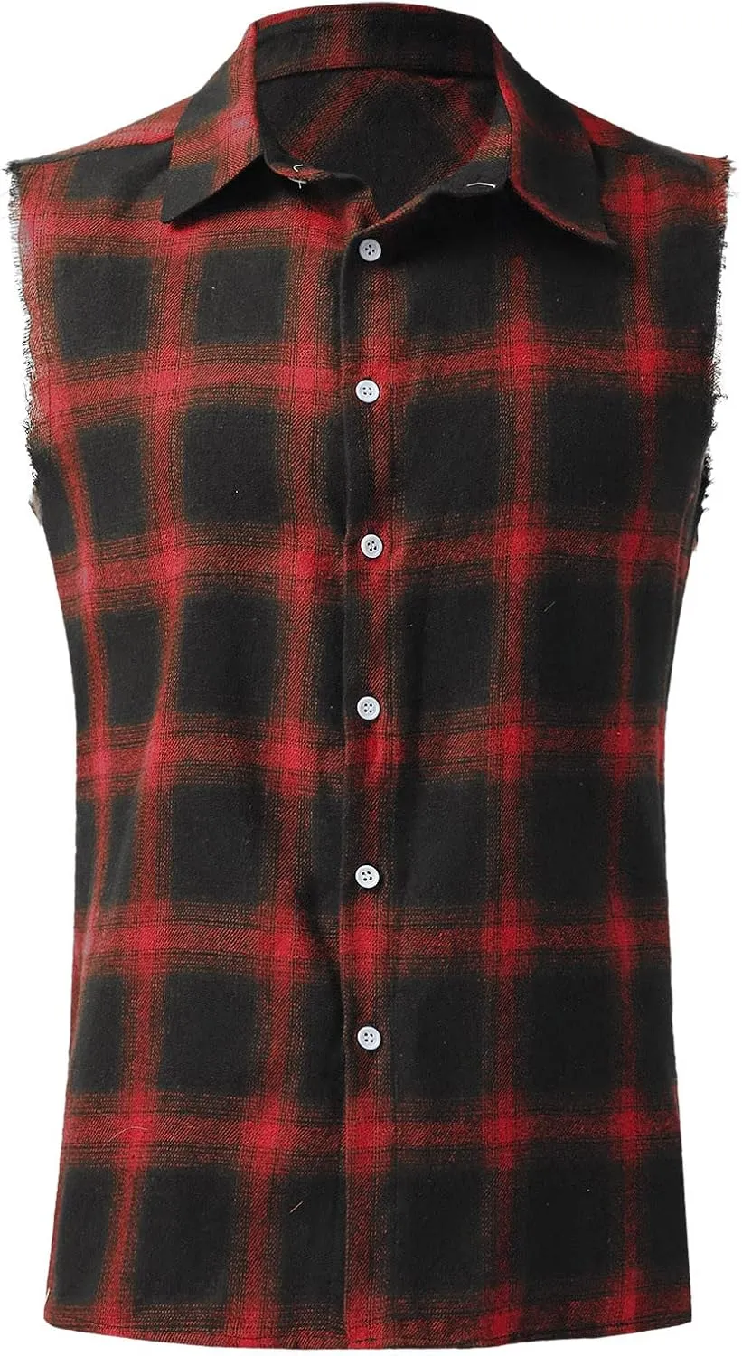 GOKKILRW Mens Sleeveless Flannel Plaid Shirts Casual Button Down Muscle Cut Off Shirts Vintage Western Cowboy Vest Tank Tops