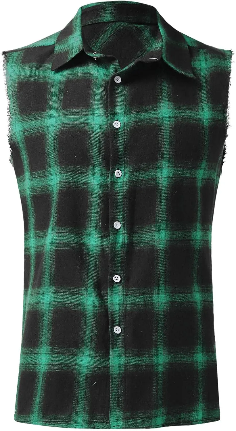 GOKKILRW Mens Sleeveless Flannel Plaid Shirts Casual Button Down Muscle Cut Off Shirts Vintage Western Cowboy Vest Tank Tops