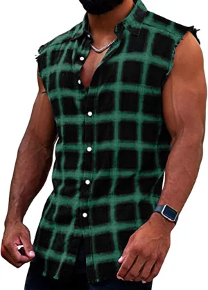 GOKKILRW Mens Sleeveless Flannel Plaid Shirts Casual Button Down Muscle Cut Off Shirts Vintage Western Cowboy Vest Tank Tops