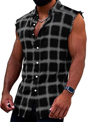 GOKKILRW Mens Sleeveless Flannel Plaid Shirts Casual Button Down Muscle Cut Off Shirts Vintage Western Cowboy Vest Tank Tops