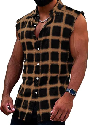 GOKKILRW Mens Sleeveless Flannel Plaid Shirts Casual Button Down Muscle Cut Off Shirts Vintage Western Cowboy Vest Tank Tops