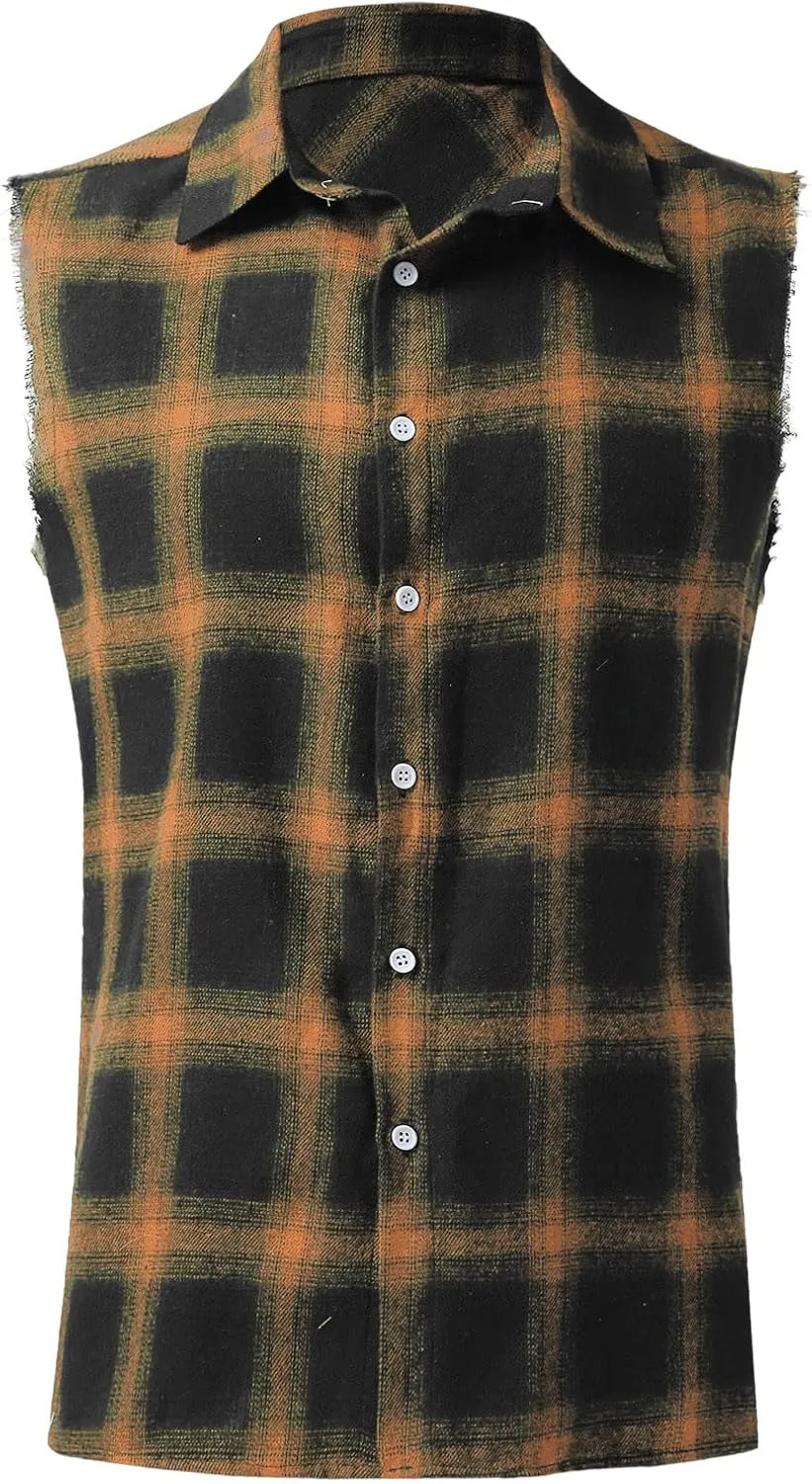 GOKKILRW Mens Sleeveless Flannel Plaid Shirts Casual Button Down Muscle Cut Off Shirts Vintage Western Cowboy Vest Tank Tops