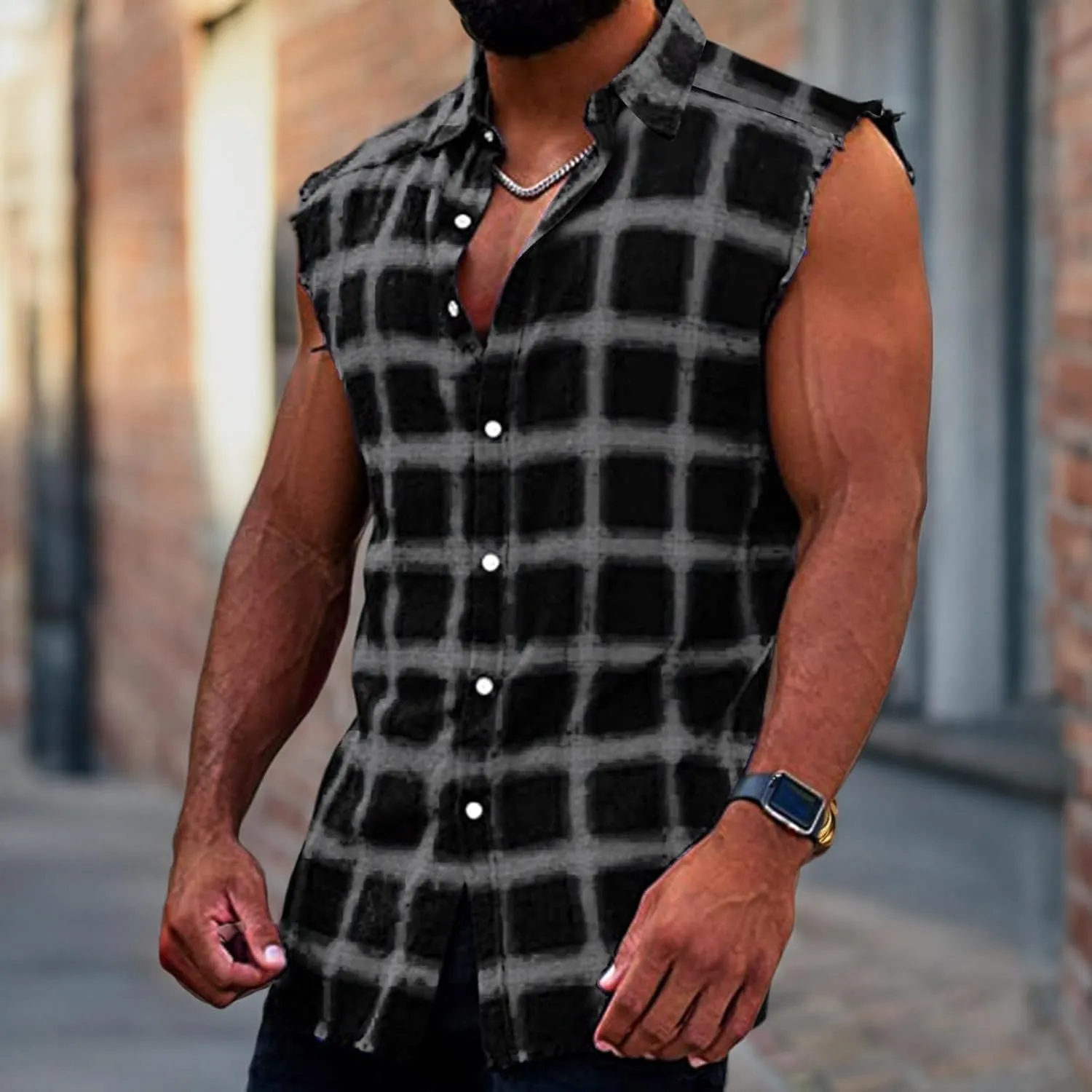 GOKKILRW Mens Sleeveless Flannel Plaid Shirts Casual Button Down Muscle Cut Off Shirts Vintage Western Cowboy Vest Tank Tops