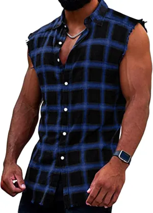 GOKKILRW Mens Sleeveless Flannel Plaid Shirts Casual Button Down Muscle Cut Off Shirts Vintage Western Cowboy Vest Tank Tops